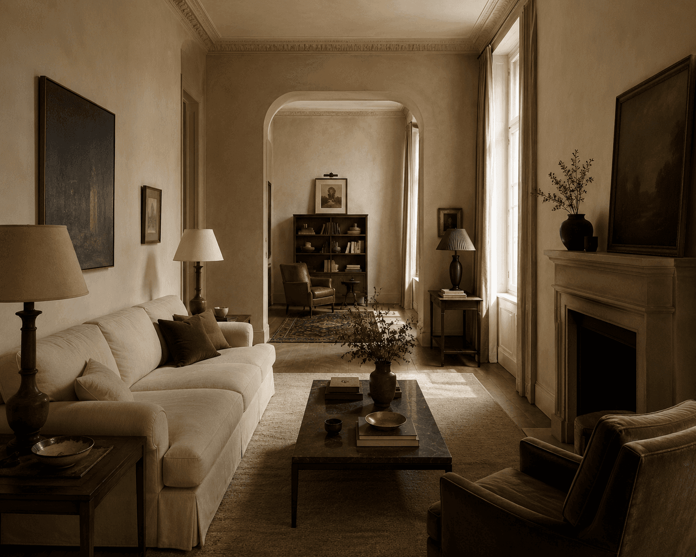 A warm, neutral-toned luxury living room featuring a long cream sofa decorated with green and brown throw pillows. In the center sits a low, dark stone coffee table displaying books and a small potted plant, placed on a woven area rug. The right wall holds a stone fireplace with a framed painting above it, while the opposite wall features classic framed artwork and traditional table lamps. An arched doorway in the background reveals an adjoining study with a leather armchair, a wooden bookshelf, and an antique oriental rug.