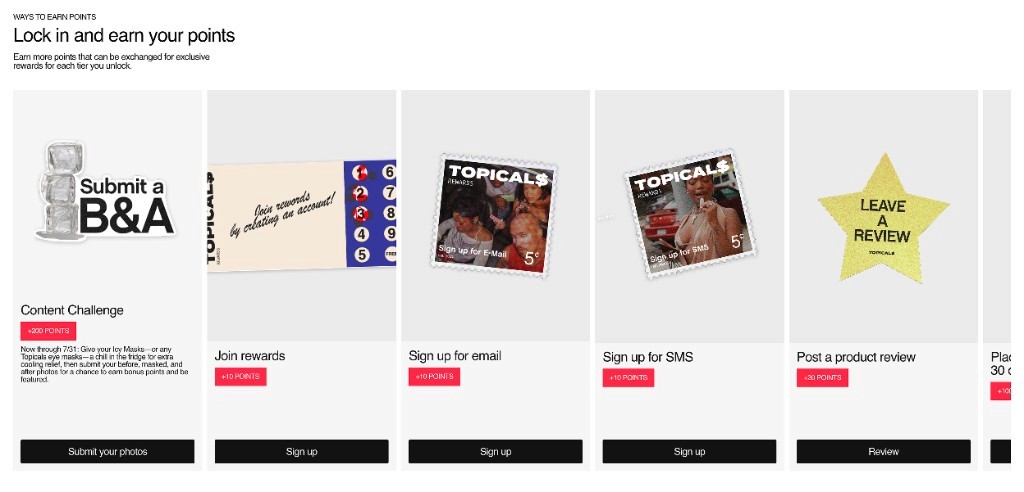 Topicals ways to earn points: reviews, email, SMS, content challenges, and orders