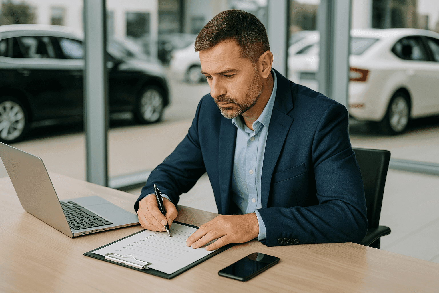 Car salesman signing paperwork at a desk, looking focused. Dealership in the background.