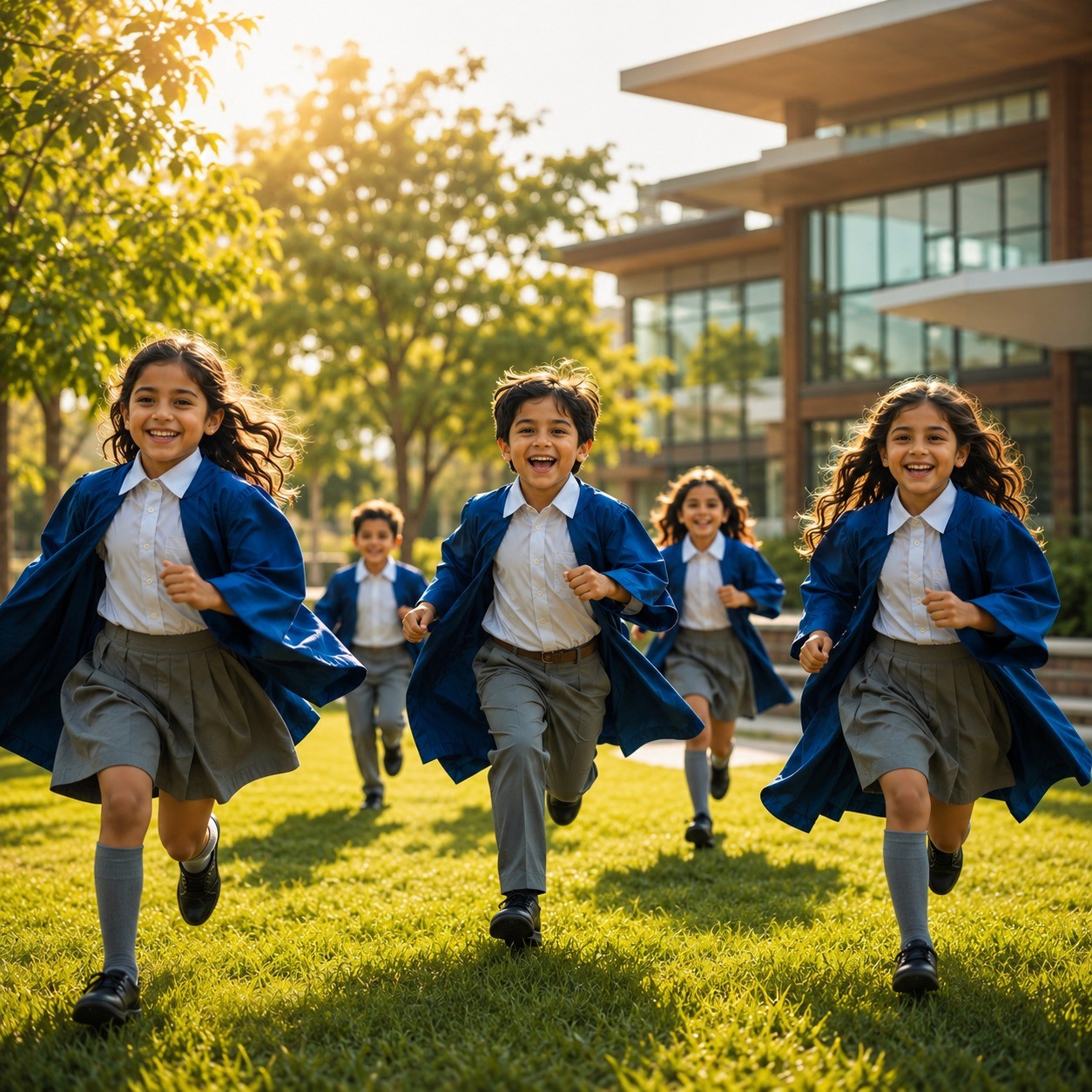 Happy students in blue uniforms running on the school lawn