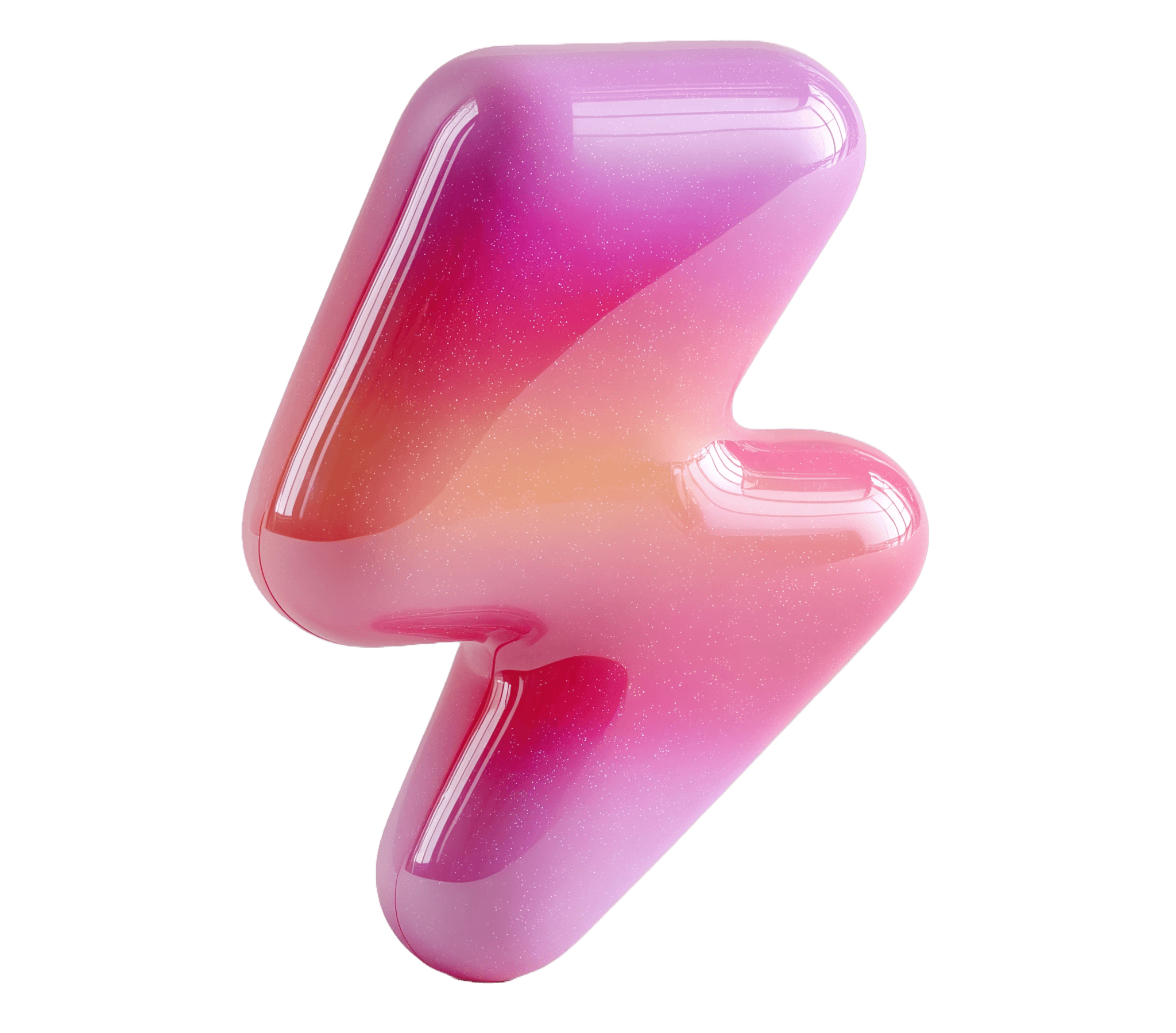 A glossy 3D lightning bolt with a smooth pink-to-orange gradient and reflective highlights on a transparent background.