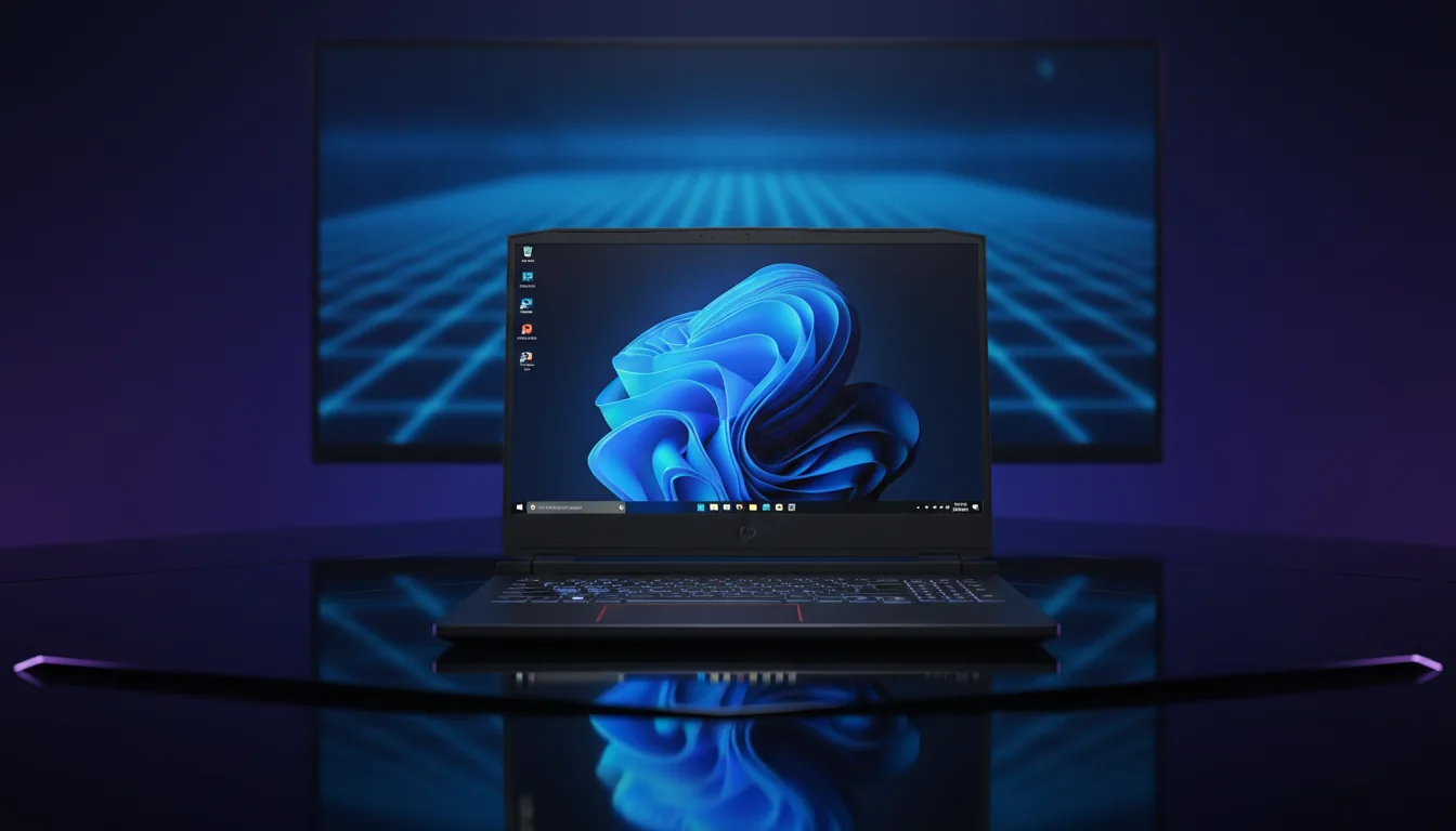 DSLR product photography of a modern, black HP Victus gaming laptop placed on a glossy, reflective black surface. The scene is illuminated by cinematic blue and purple studio lighting, creating sharp highlights. In the background, a large screen displays a softly blurred, glowing blue digital grid. The laptop is open, facing the camera, with its screen displaying a modern Windows UI with an abstract blue and teal swirling 3D shape as the wallpaper. Sharp focus on the laptop, with a shallow depth of field for the background.