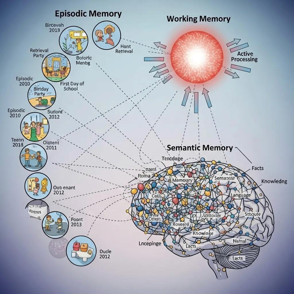 Conceptual layout of memory architectures for AI agents, illustrating episodic, semantic, and working memory