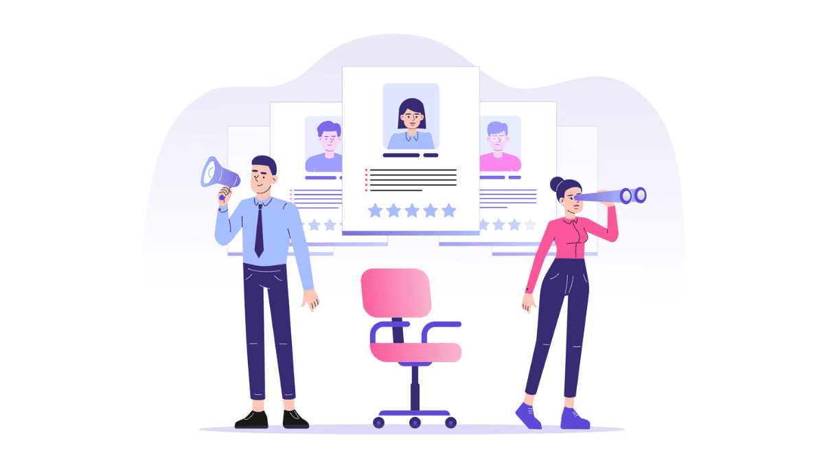 Illustration of recruiters using a megaphone and binoculars to search for candidates, with profile cards and a vacant office chair.