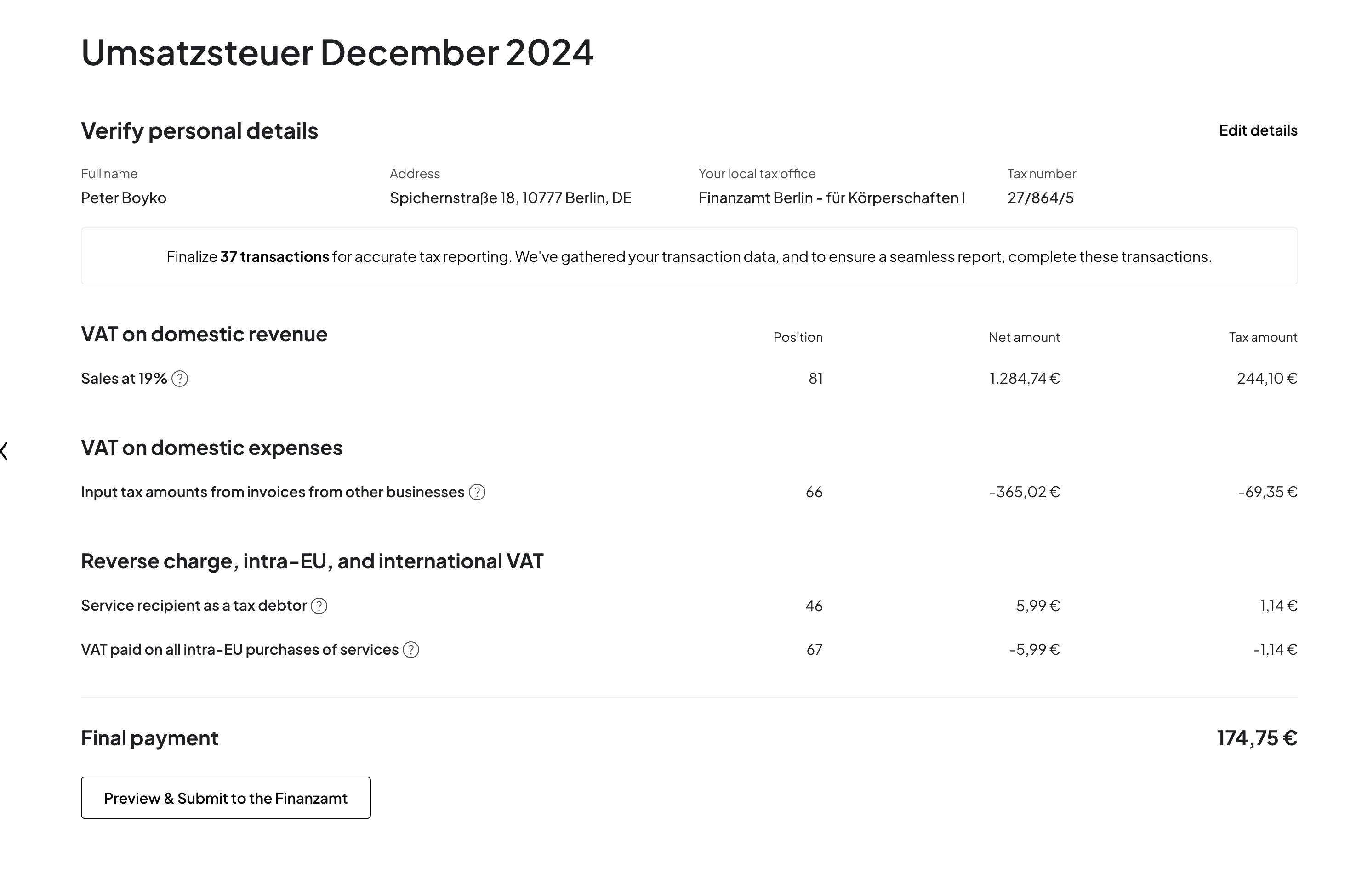 Berechnete Umsatzsteuervoranmeldung