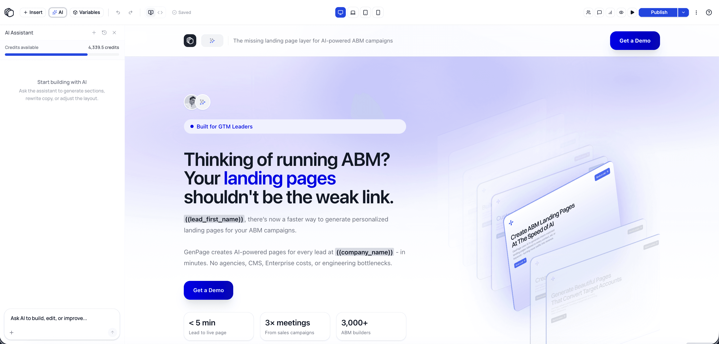GenPage editor showing a personalized ABM landing page hero section with dynamic company personalization token