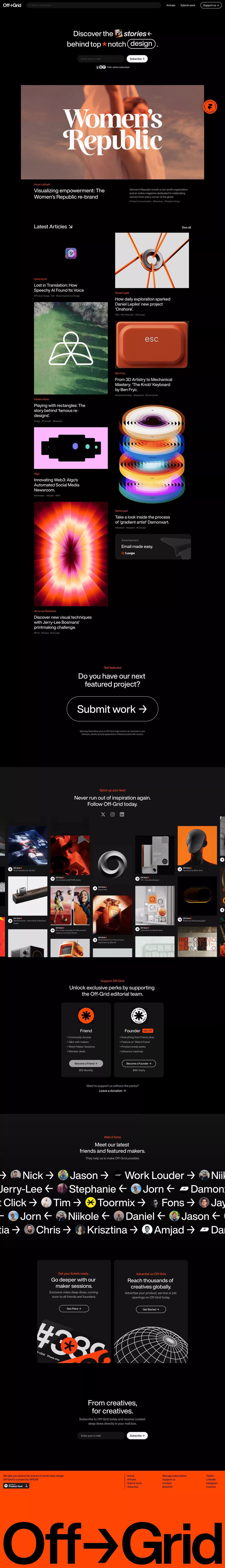 Off-Grid other page screenshot showcasing Design and Magazine design