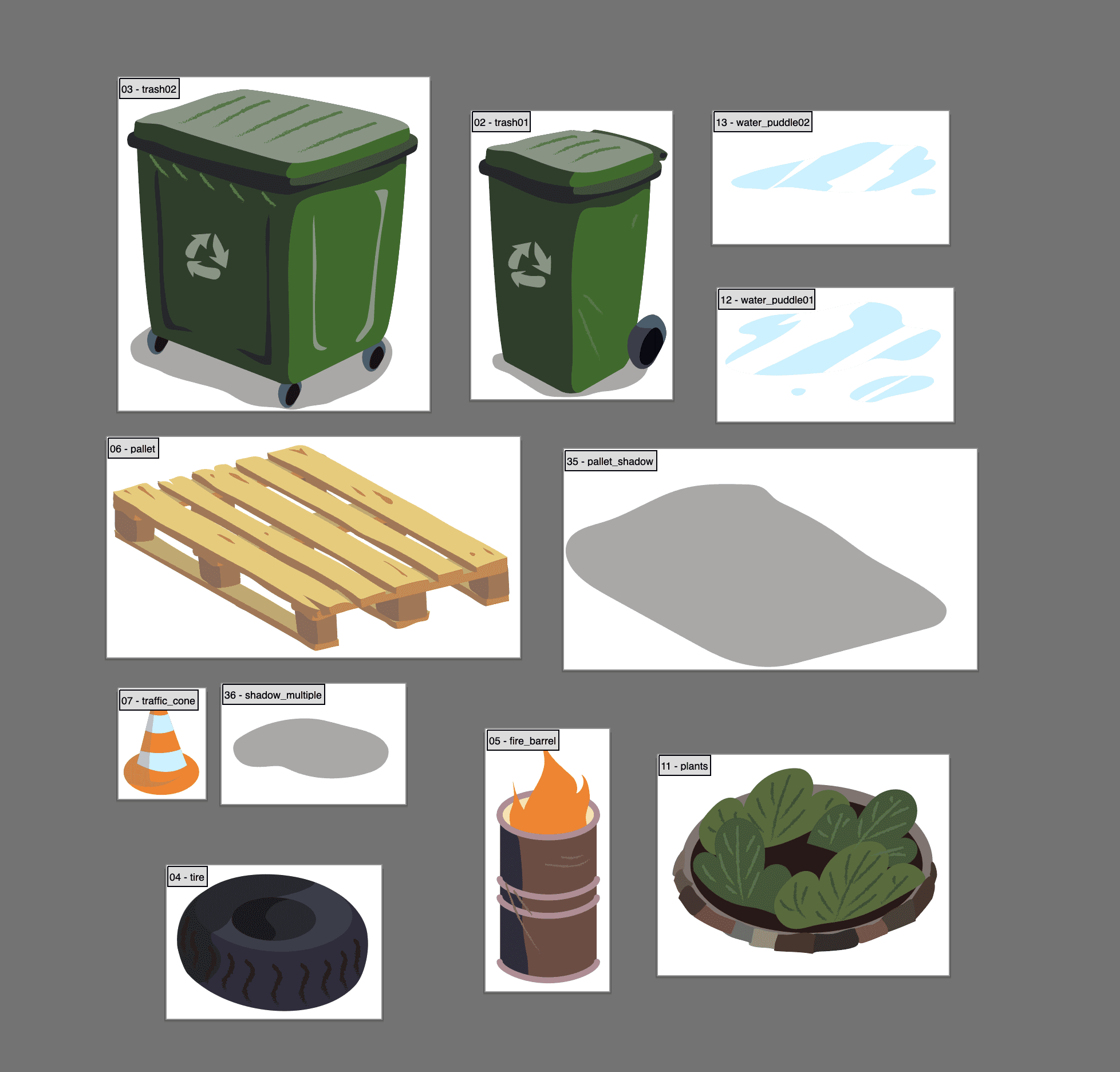 illustrations of various game assets of a building site