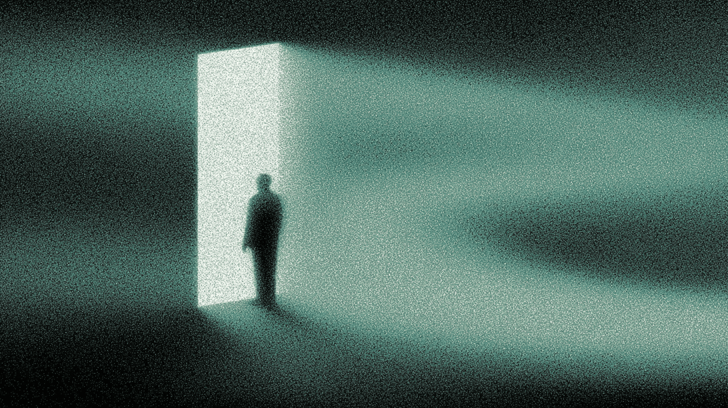 An atmospheric, grainy digital illustration of a shadowy human silhouette standing in the glow of a tall, rectangular doorway of light.