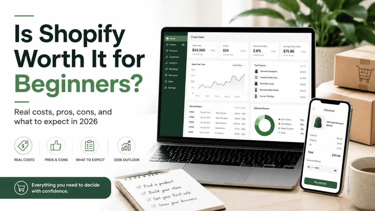 Shopify dashboard on laptop, phone, and boxes.