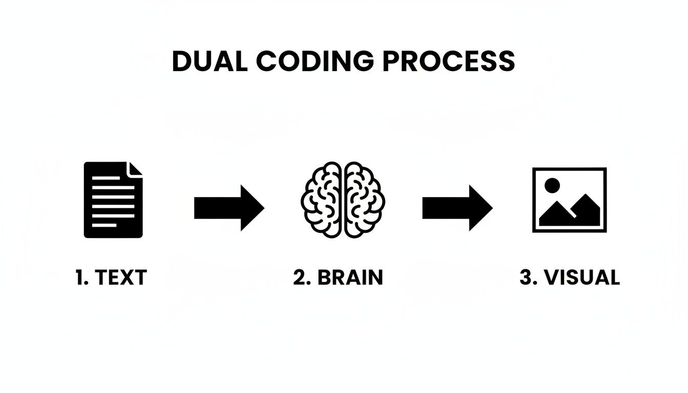 Flowchart illustrating the dual coding process: text input, brain processing, and visual output.