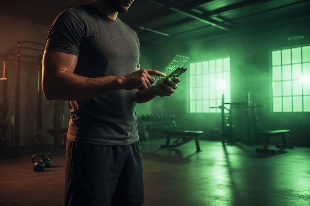 Person logging a workout on their phone in the gym