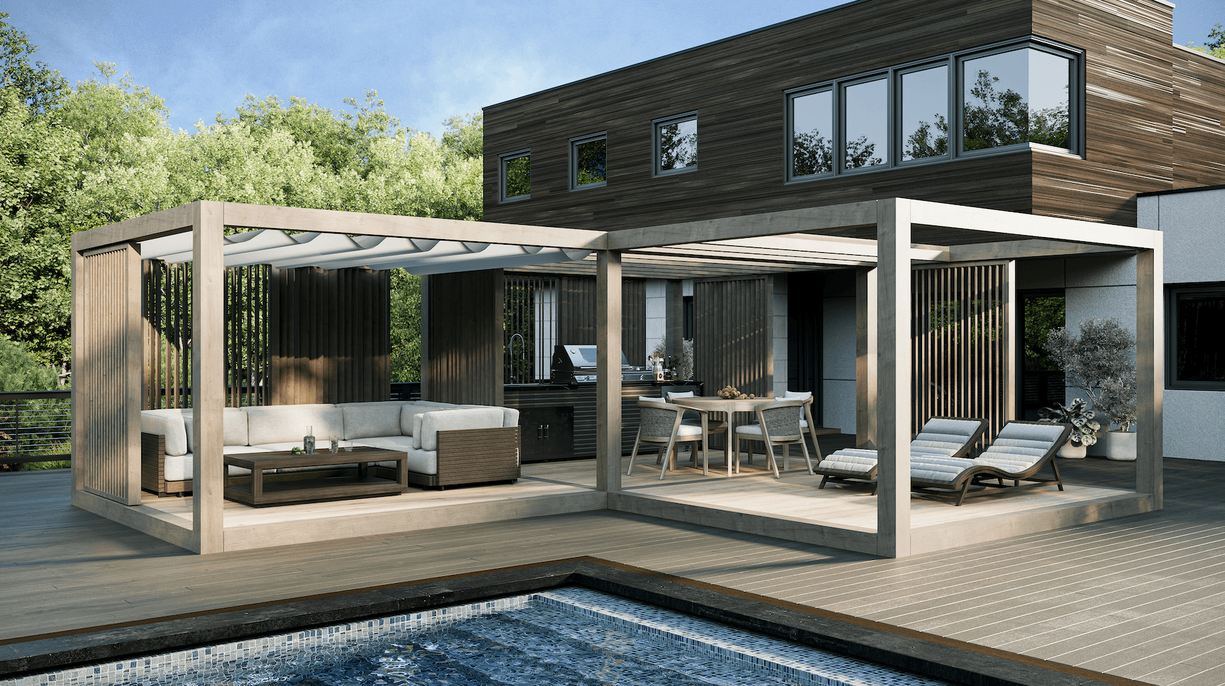 Moderní zahradní pergola TerraBlock – přírodní dřevo, stylová terasa