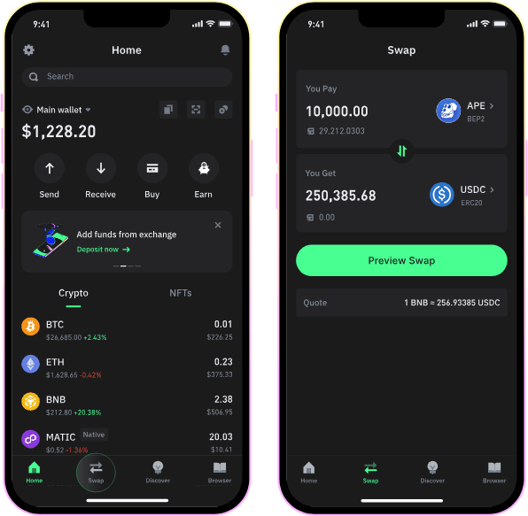 Trust Wallet home screen and swap screen exchanging APE tokens for USDC