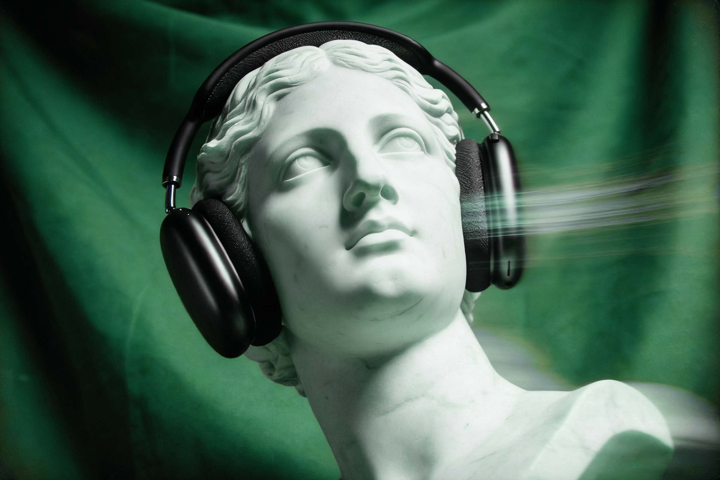 Statue aus Marmor mit Apple AirPods Max Kopfhörern und einem grünen Vorhand im Hintergrund.