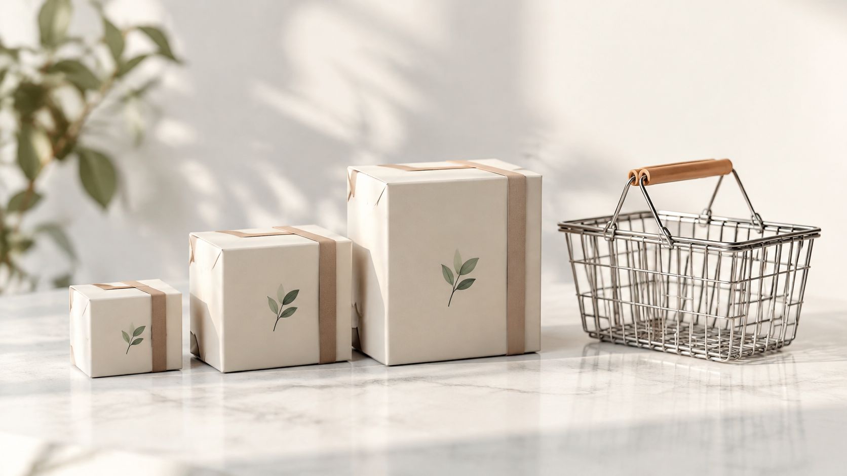 Three wrapped gift boxes in increasing sizes next to a metal wire shopping basket on marble.