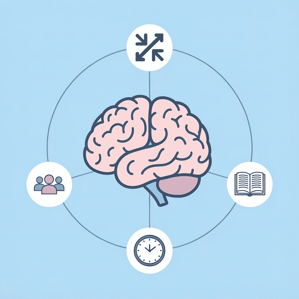 Central activity icon connected to four skill development areas: cognitive development, physical skills, social skills, and emotional skills
