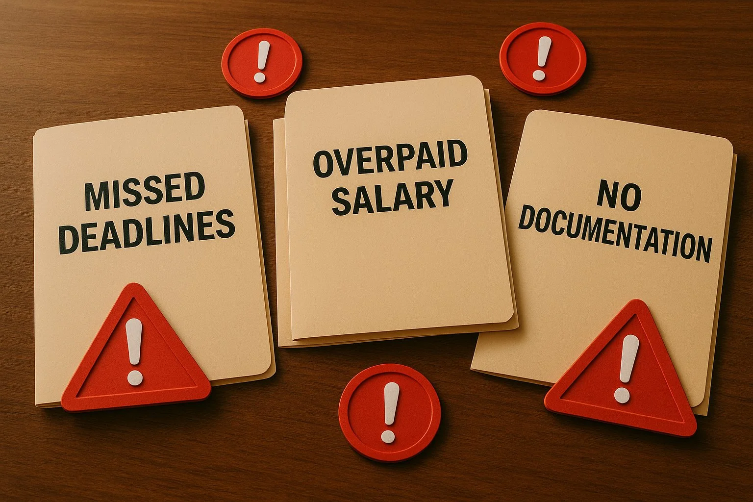 Warning-themed scene with folders labeled Missed Deadlines, Overpaid Salary, and No Documentation, surrounded by red caution symbols.