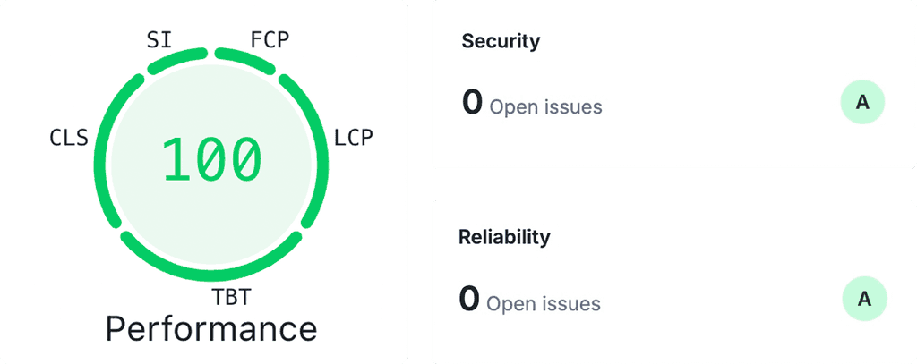 SEO metrics decpicting 100% performance score