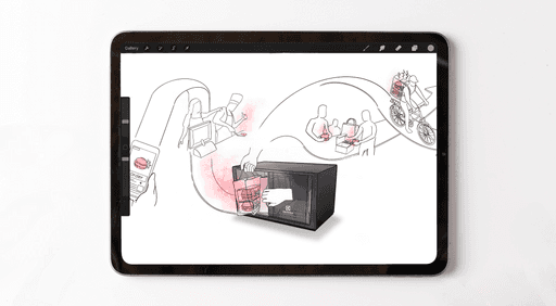 Portrait of medium black and white dog on red background