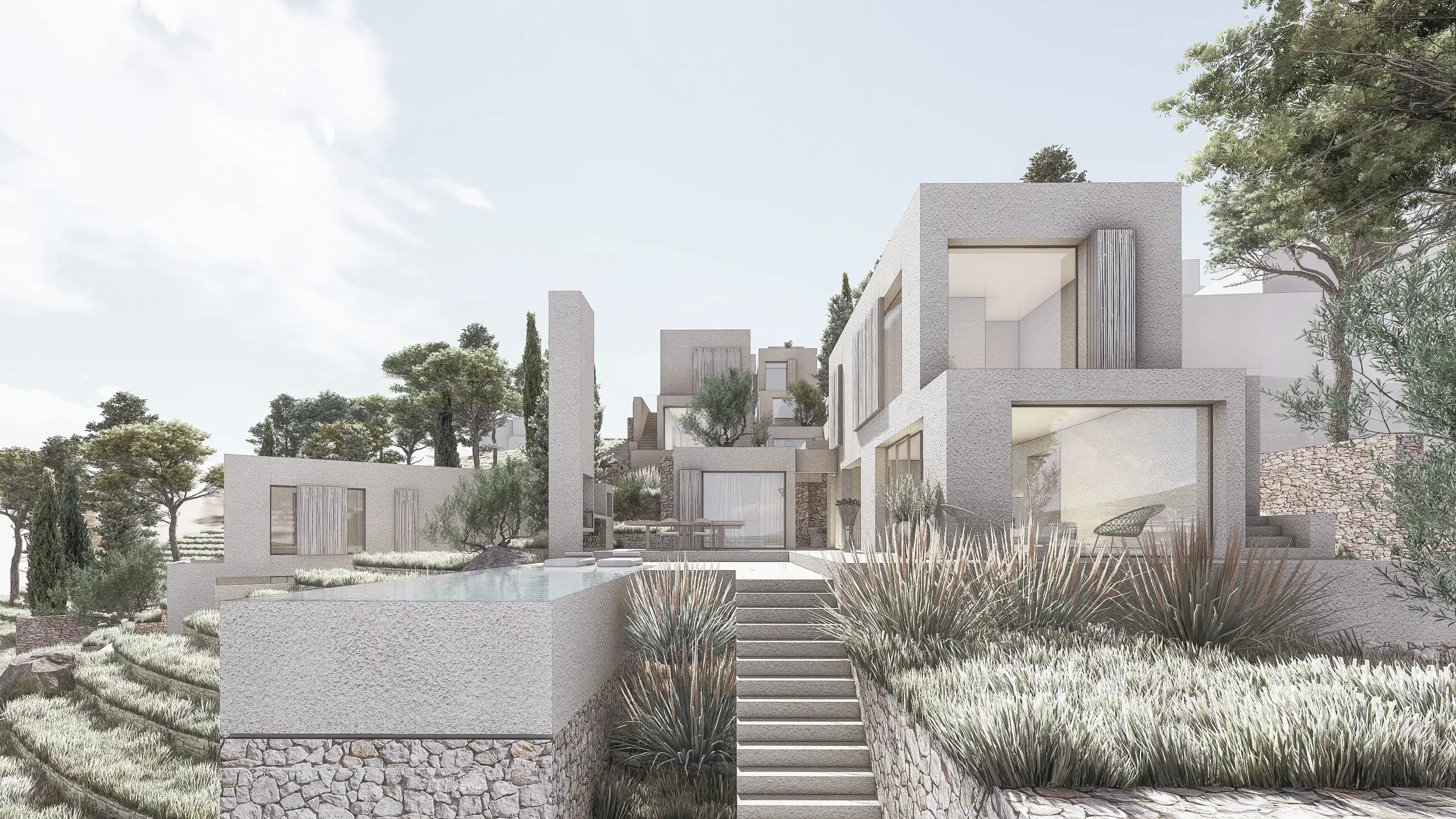 Terraces reached by stone steps, with villas set into the slope