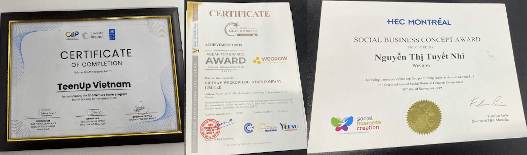 A certificate displayed on a wall, recognizing TeenCare for its support of Southeast Asian parents in guiding teenagers.