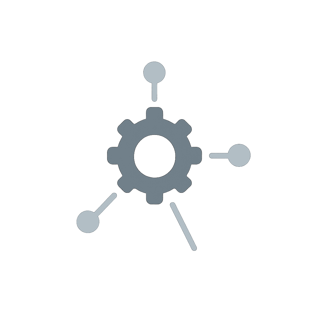Graustufen-Illustration mit einem zentralen Zahnrad und vier abstrahierten Pfeilen, die nach außen zeigen – Symbol für automatisierte Prozesse und Vernetzung.