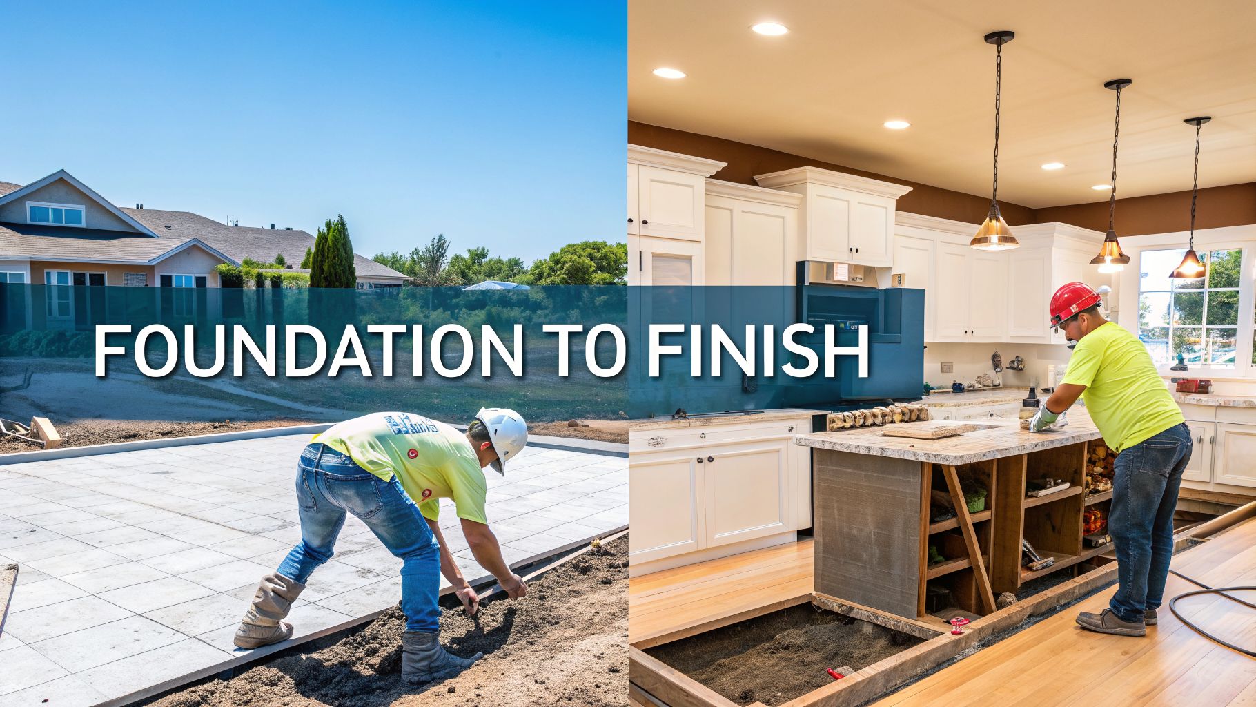 Construction workers building a luxury home from foundation, laying pavers, to interior finish, installing kitchen elements.
