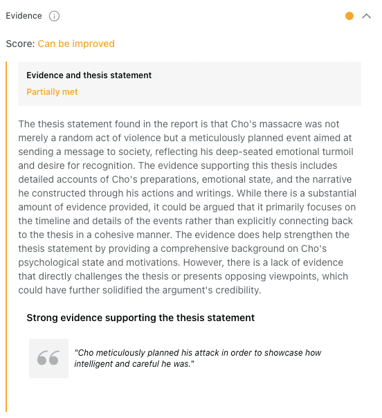 thesify evidence section rating a case study on Cho's massacre as partially meeting the evidence and thesis statement criterion.