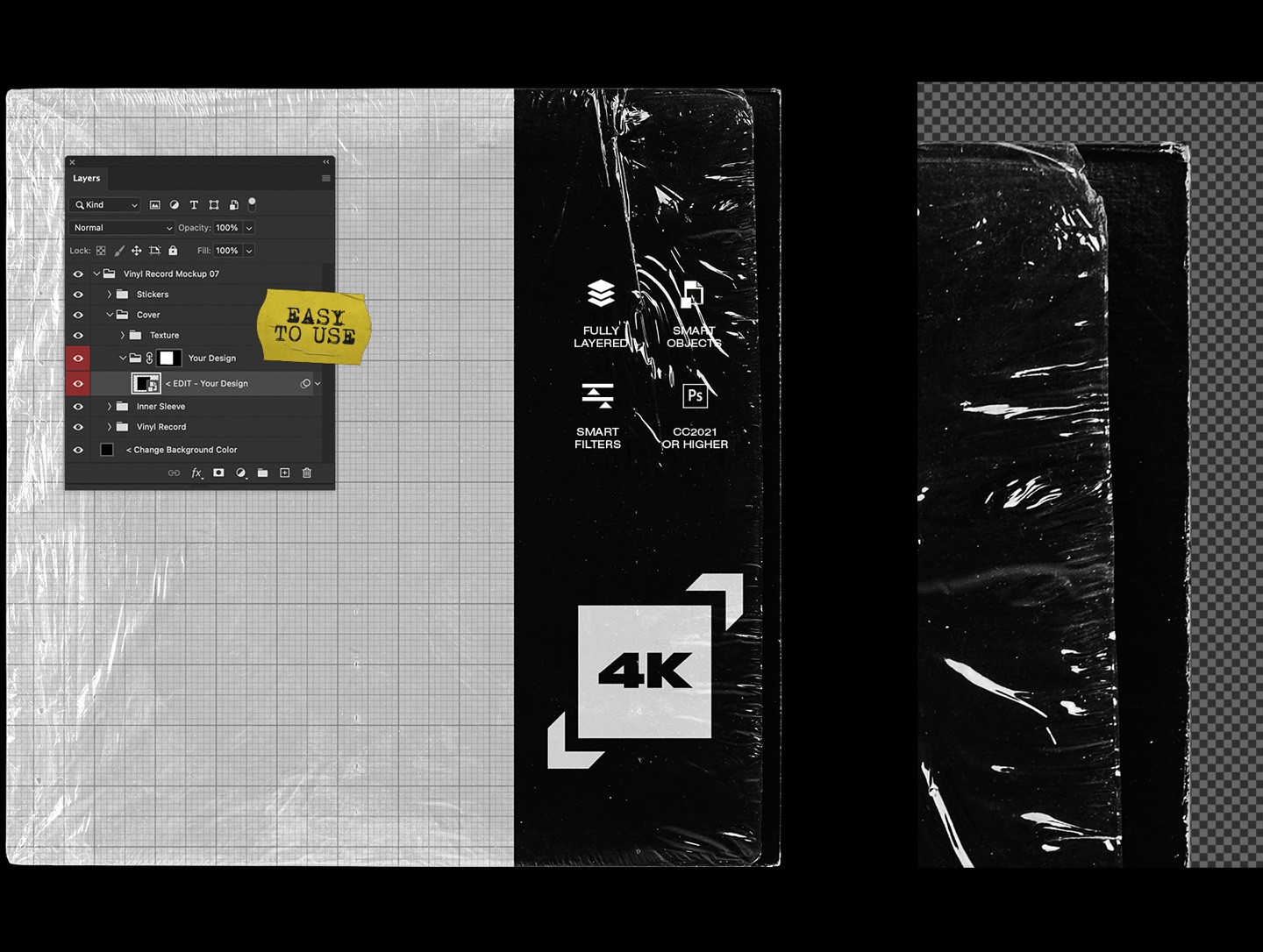 Vinyl record mockup close up showing plastic wrap album cover texture detail