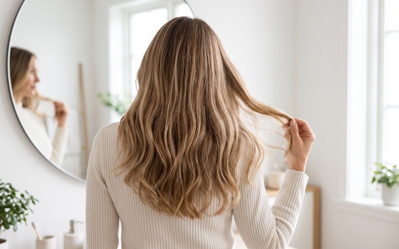 Nederlandse vrouw bekijkt haar haar in een spiegel terwijl ze haar hoofdhuid en haardichtheid controleert. Afbeelding gebruikt bij uitleg over de rol van shampoo bij haaruitval.