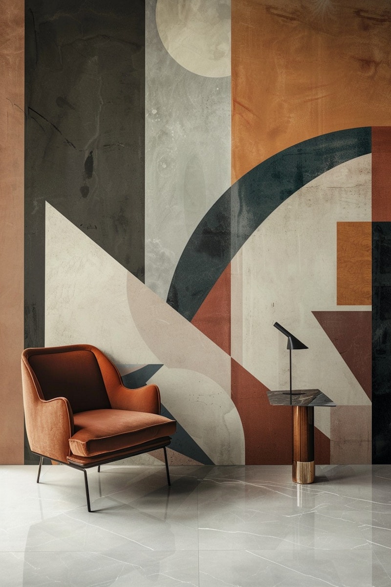 abstract wall and a brown cushioned chair