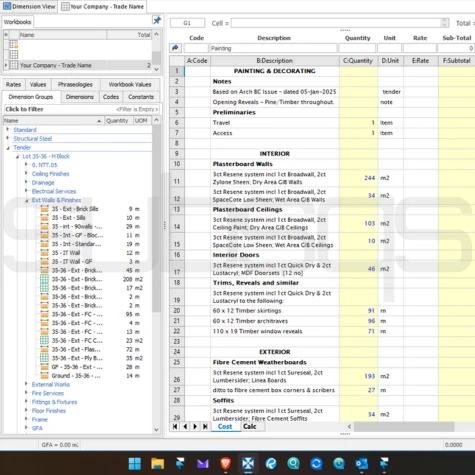 screenshot of CostX quantities workbook for painting trade takeoff by SubsQS Ltd