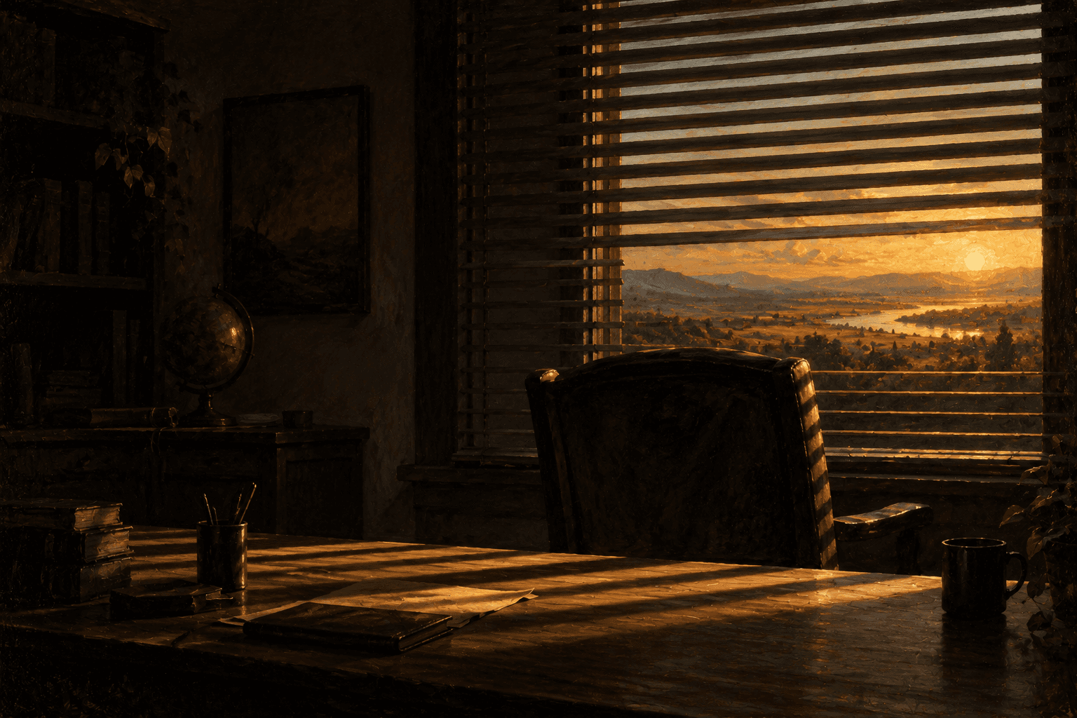 A dim, book-lined study at dusk, an empty chair turned toward venetian blinds, warm light striping the desk where a golden mountain sunset glows through the gaps.