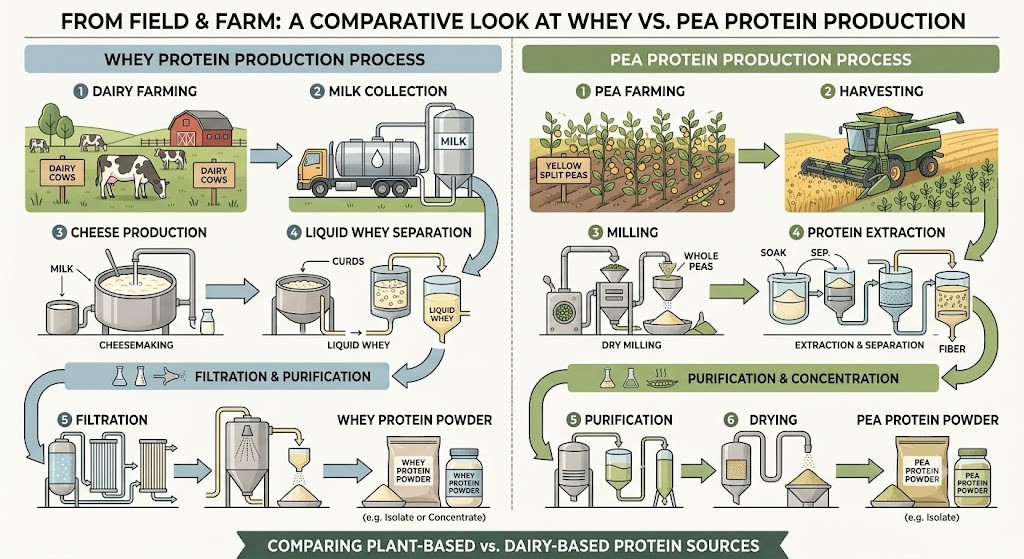 A detailed infographic comparing the production processes of whey protein from dairy cows and pea protein from yellow split peas. The graphic illustrates each step from farming to the final powder for both sources.