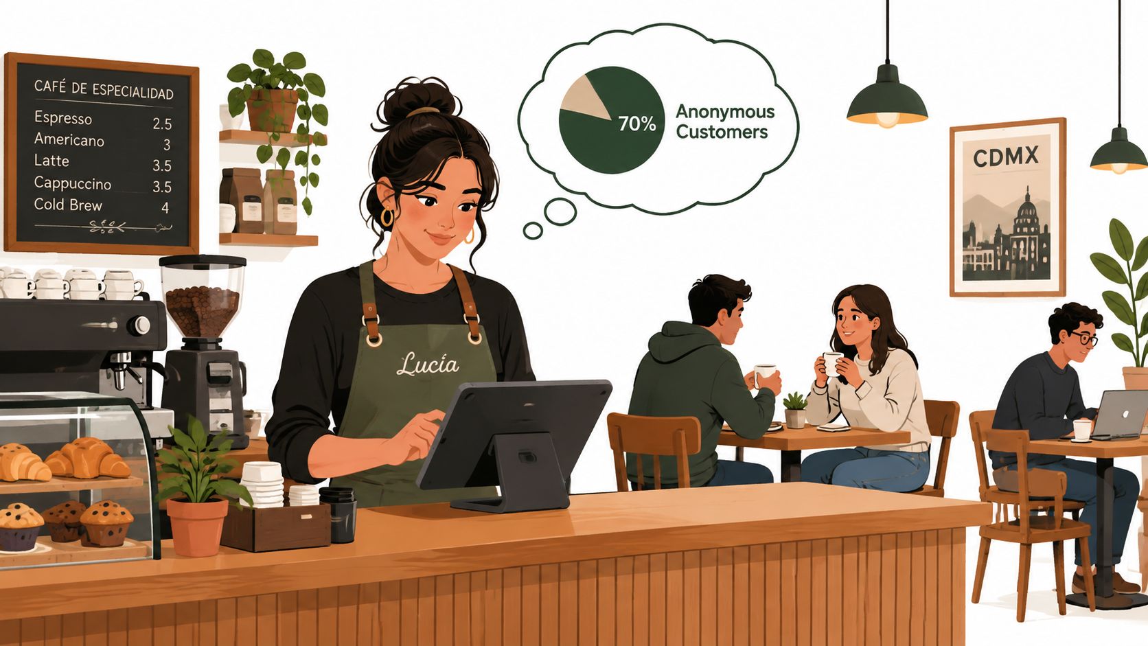 Una barista llamada Lucía atendiendo en una cafetería mientras piensa en el porcentaje de clientes anónimos.
