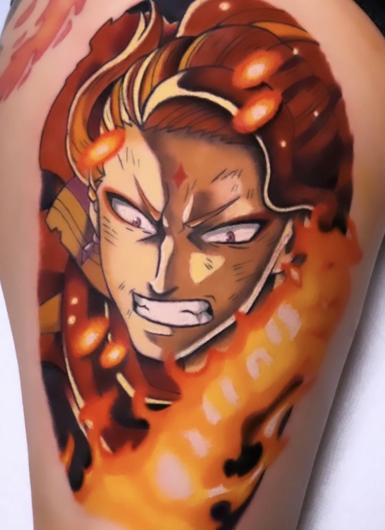 colorful anime tattoo of fuegoleon from black clover