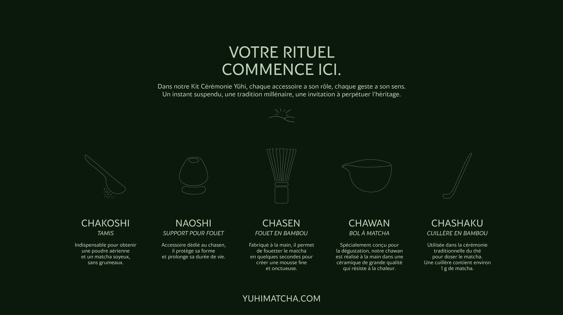 Votre rituel commence ici. Liste des accessoires présents dans le kit cérémonie.