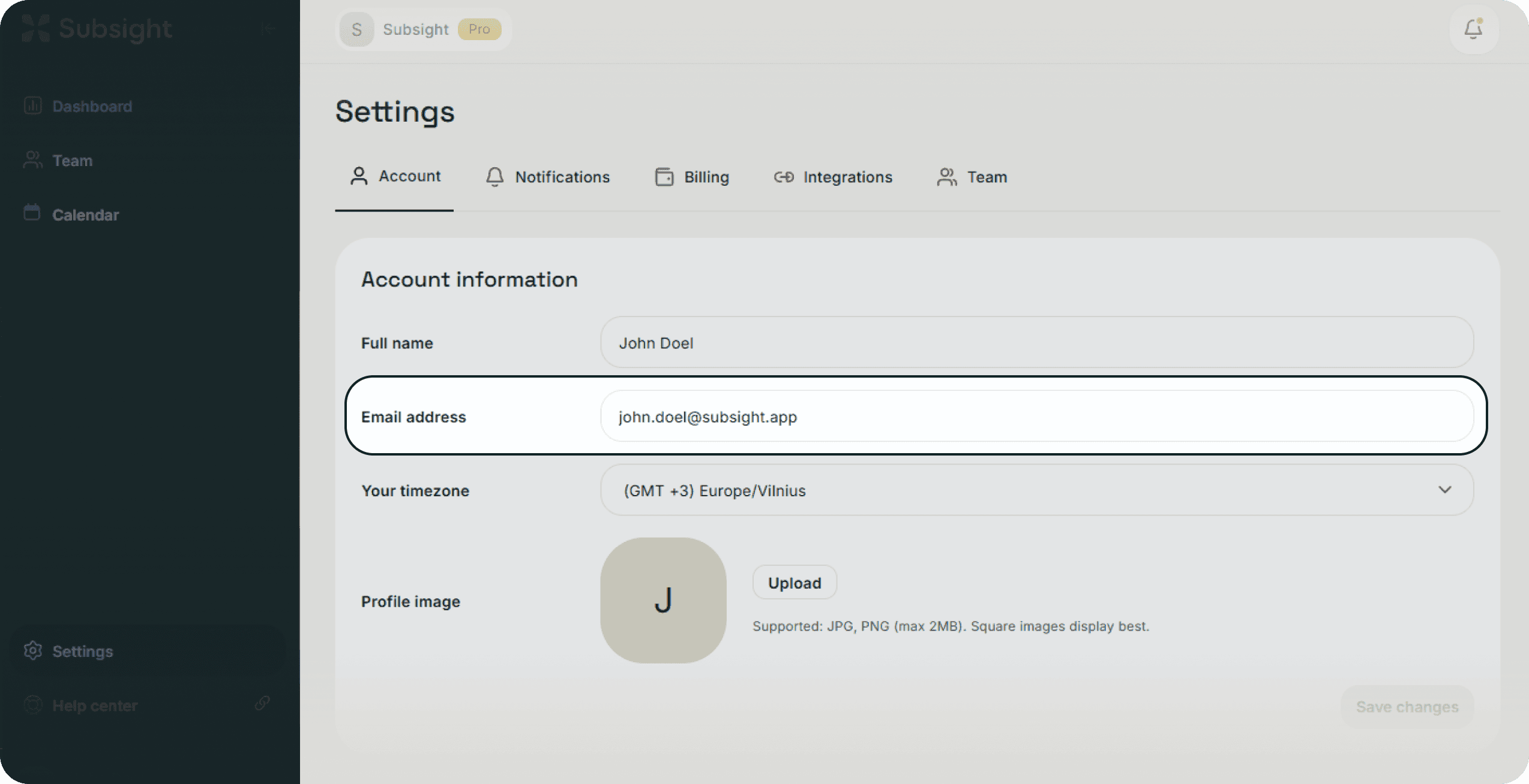 Subsight account settings with editable email address field and save changes button.
