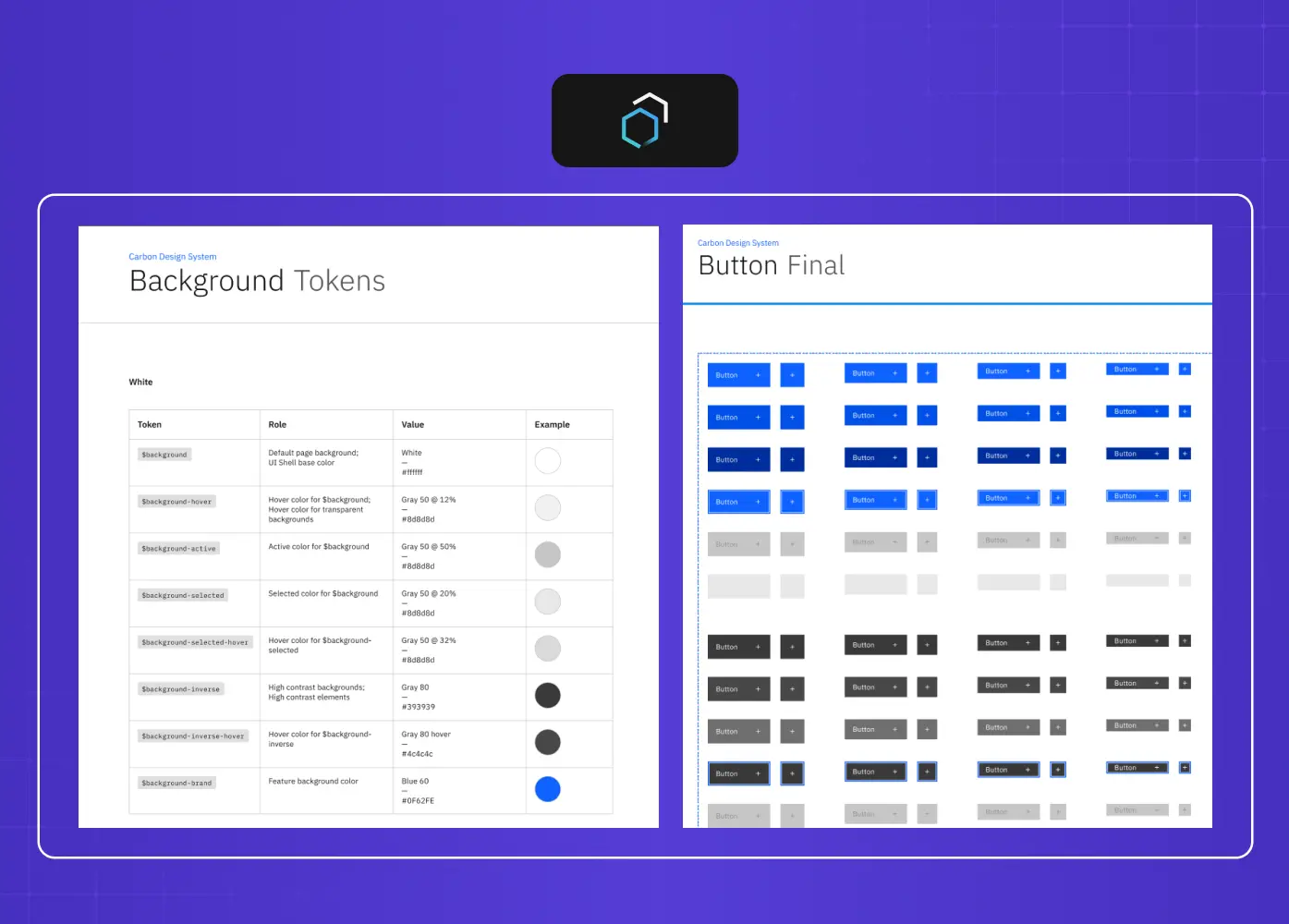 Example of design tokens and button component libraries used within a structured design system. 