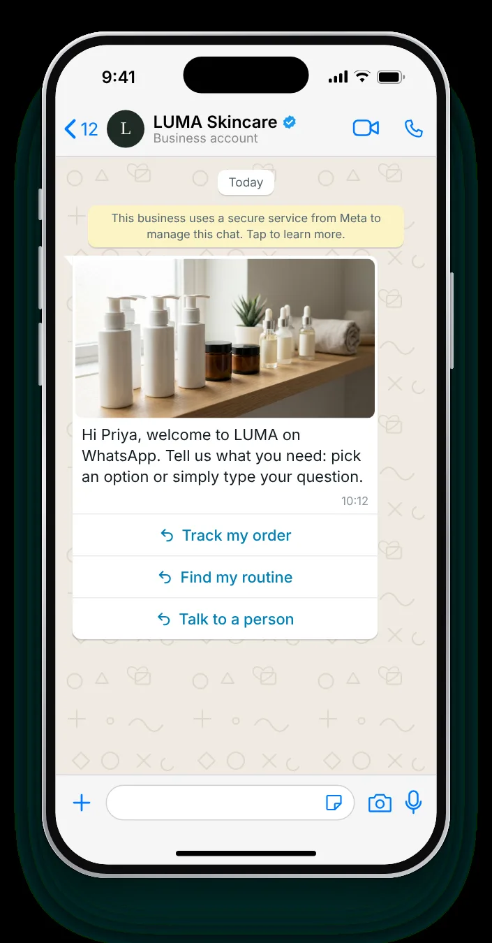 A greeting with a three-button menu: WhatsApp greeting message on an iPhone