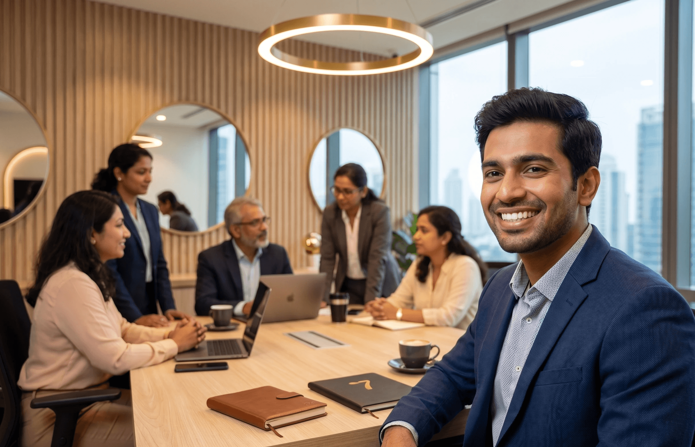A high-end, lifestyle shot of a confident Indian professional in a meeting, smiling broadly; the focus is on the absolute invisibility of the Invisalign® system and the confidence it provides in a corporate setting.