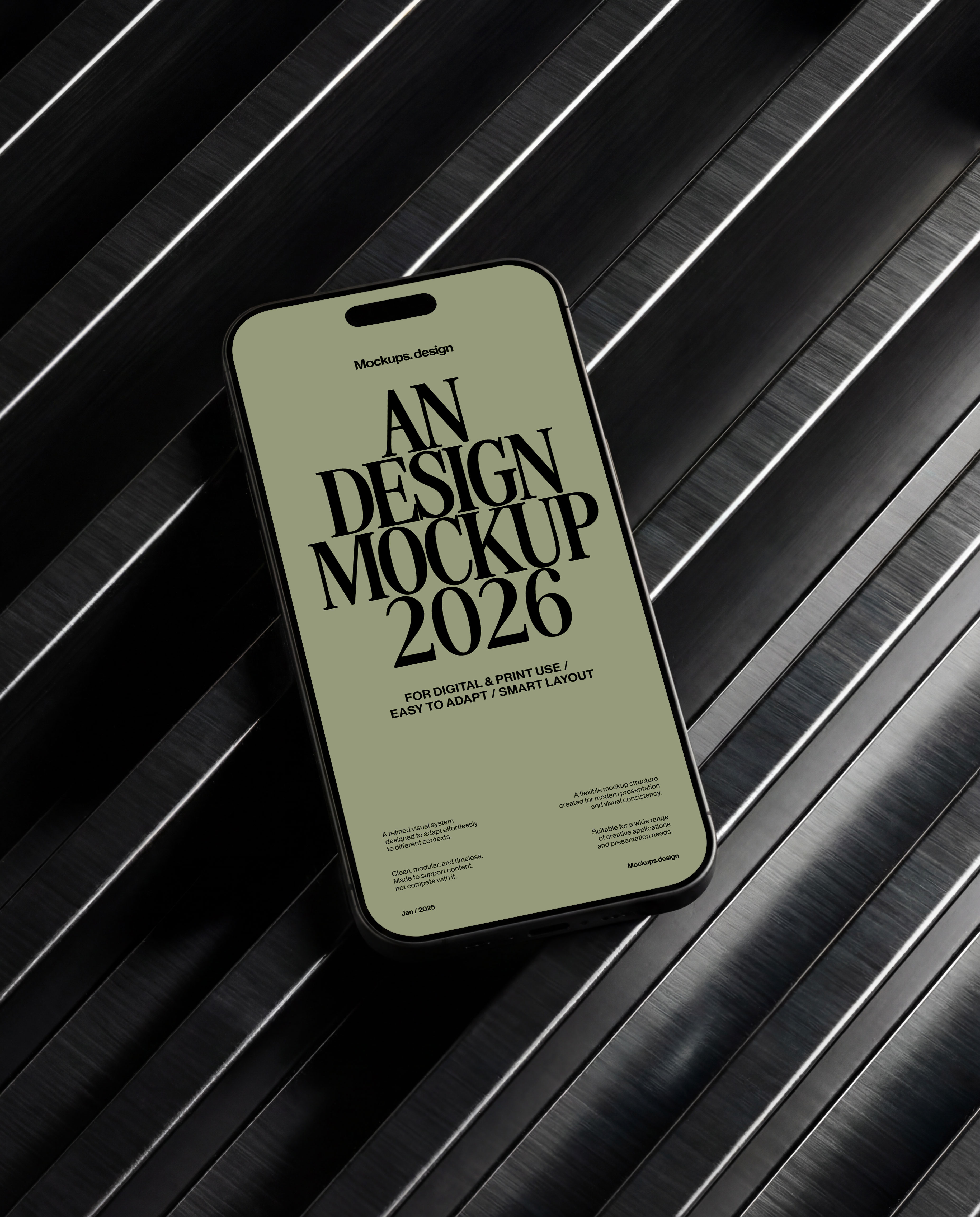 iPhone 16 mockup in sleek black, dark premium setup