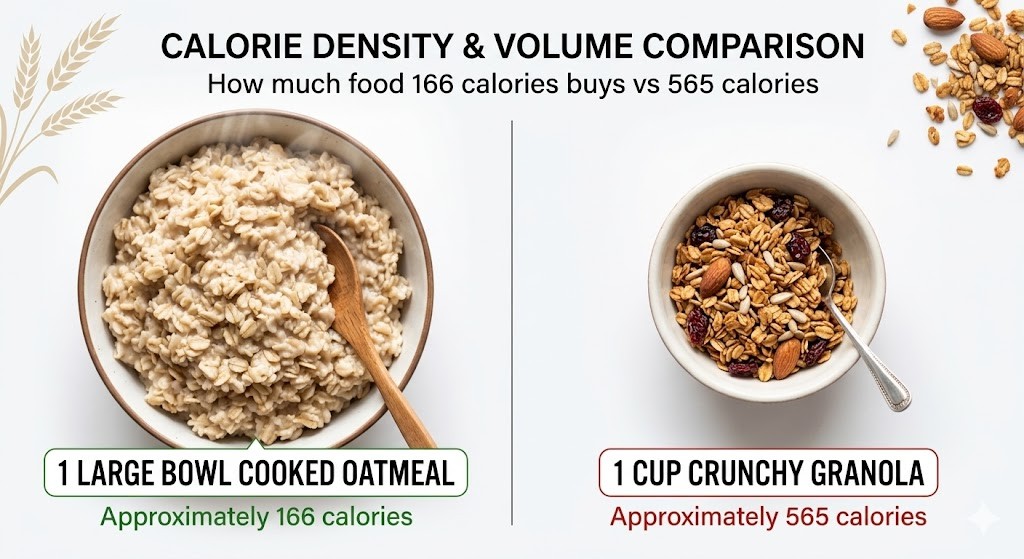 A side-by-side comparison illustrating calorie density and food volume between oatmeal and granola. On the left, a large bowl of cooked oatmeal with a wooden spoon represents 166 calories. On the right, a smaller bowl of crunchy granola with a silver spoon contains 565 calories, showing the difference in portion size for similar energy intake.