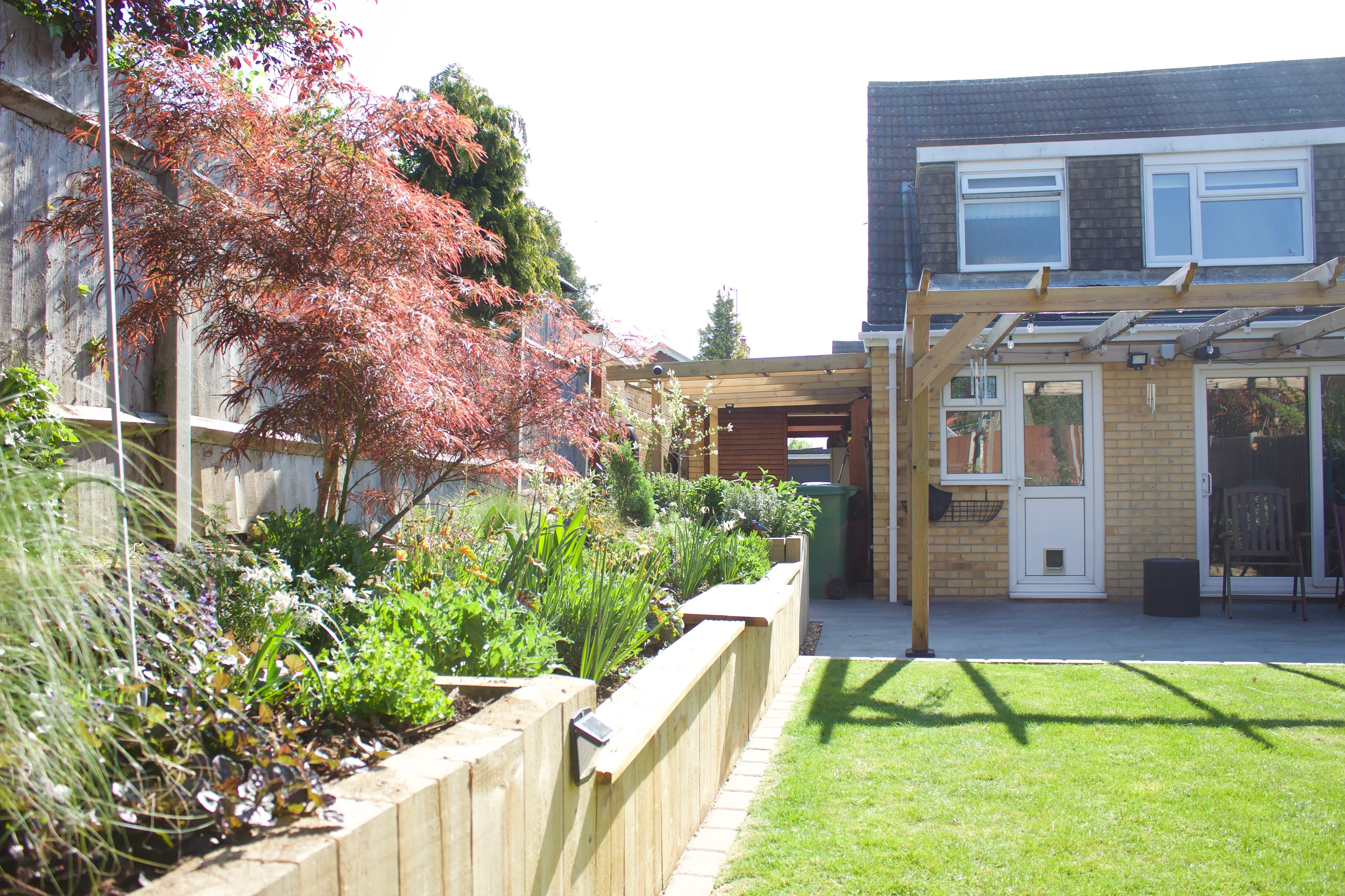 A sunny garden with a blooming tree and a house in the background, featuring green grass and a wooden fence.