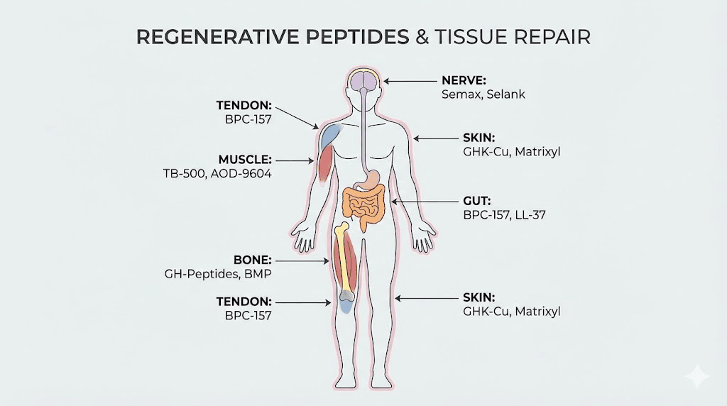 Regenerative peptides matched to tissue types for targeted repair protocols