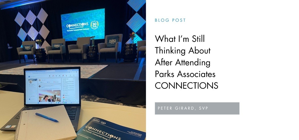 Blog post header image showing a conference stage with the Parks Associations CONNECTIONS logo, alongside a laptop and program guide on a table.
