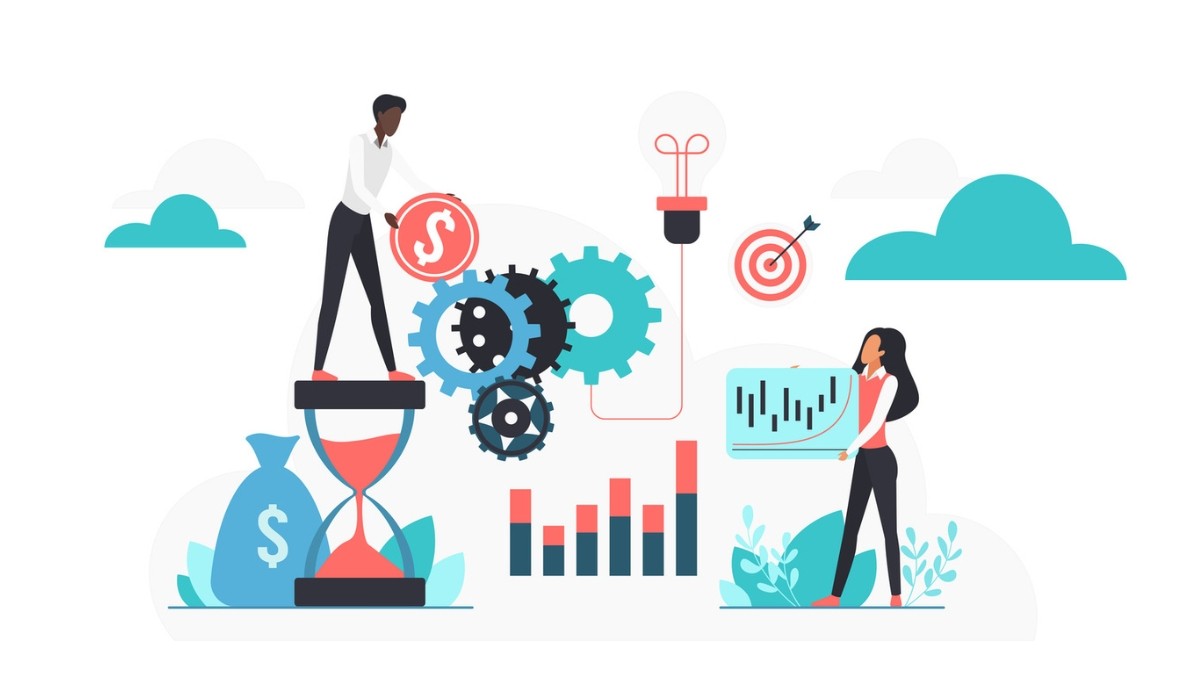 Illustration of two people interacting with symbols of time, money, and business strategy—one standing on an hourglass holding a dollar coin beside a large money bag and gears, and another reviewing an upward‑trending chart with icons like a light bulb, target, and bar graphs—representing the financial tradeoffs and strategic thinking involved in deciding whether startup equity is worth it.