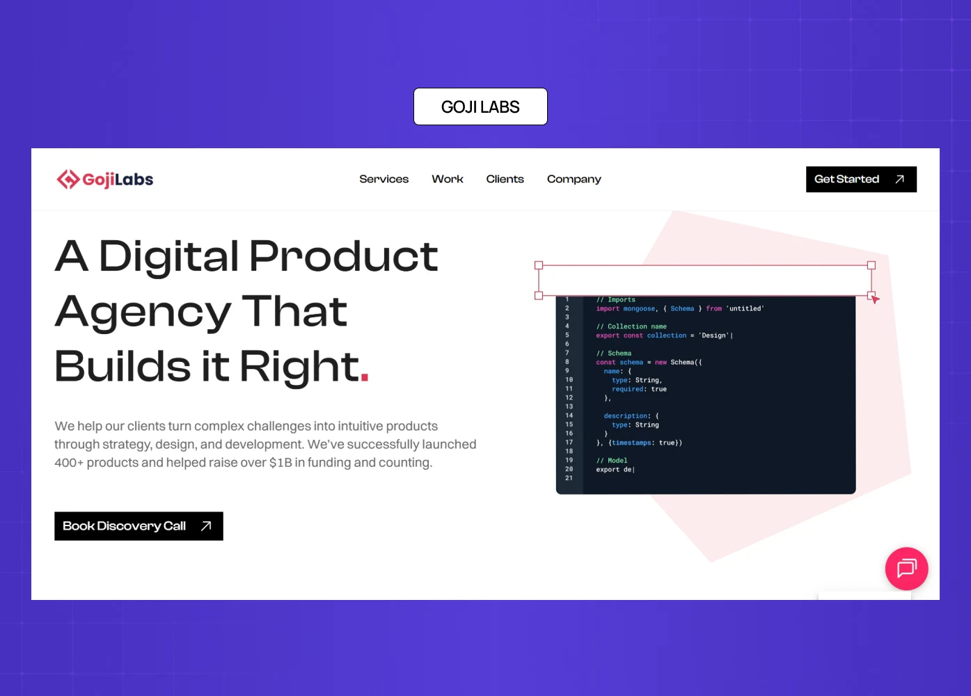 Goji Labs digital product agency homepage featuring bold headline and product development focus.