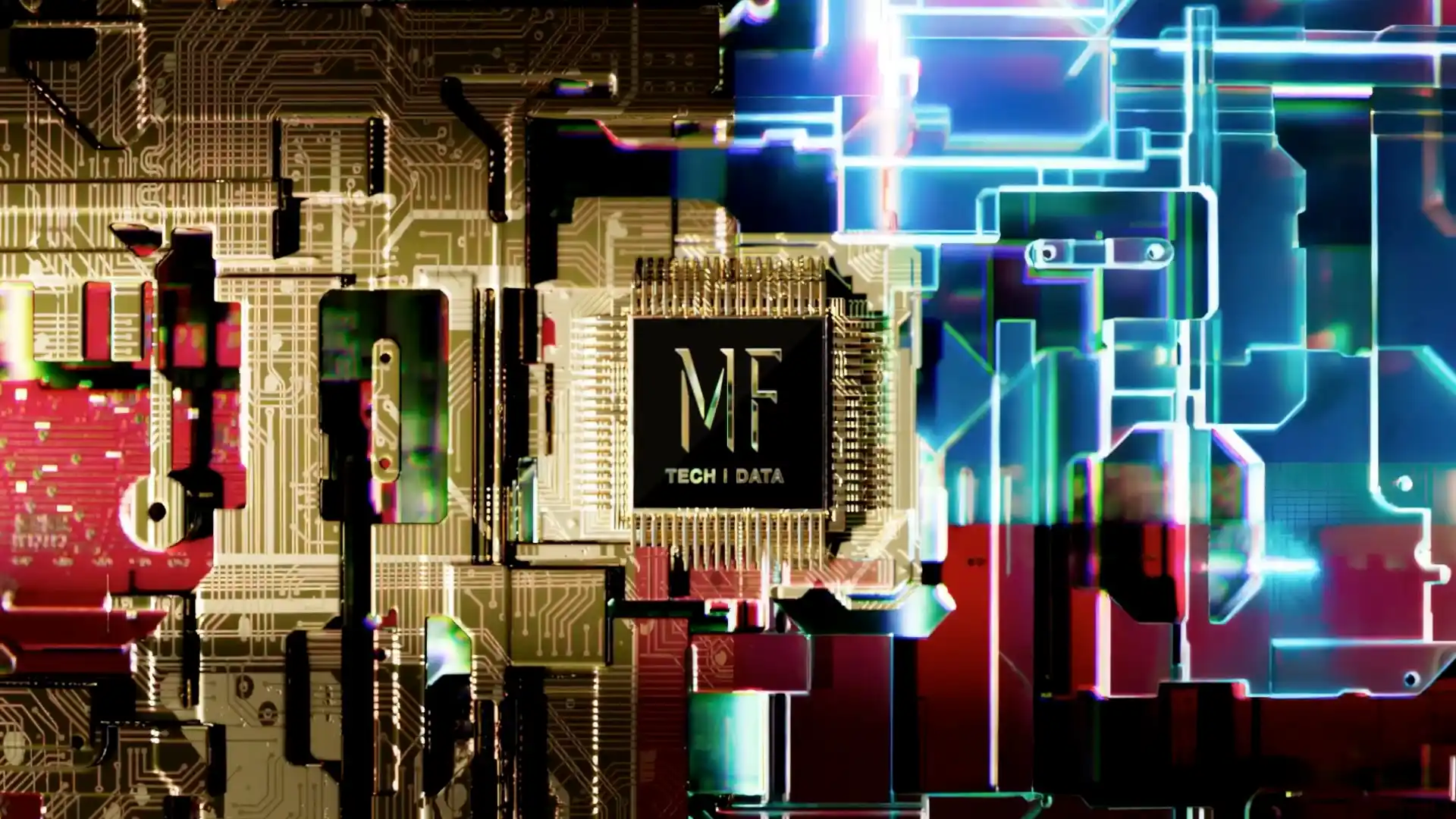 Circuit board with the MF mark, poster for the Mainframe technology showreel